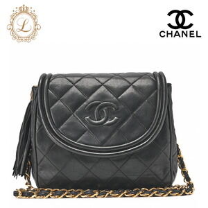 Chanel Matelasse round flap fringe chain shoulder bag black lambskin